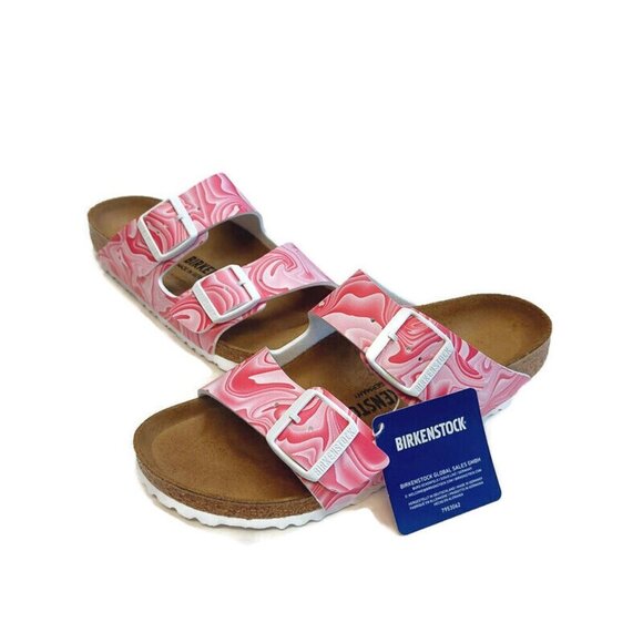 Birkenstock Arizona Birko-Flor Sandals Womens 7 Marble Twirl Fuchsia Tulip Pink - Picture 5 of 9